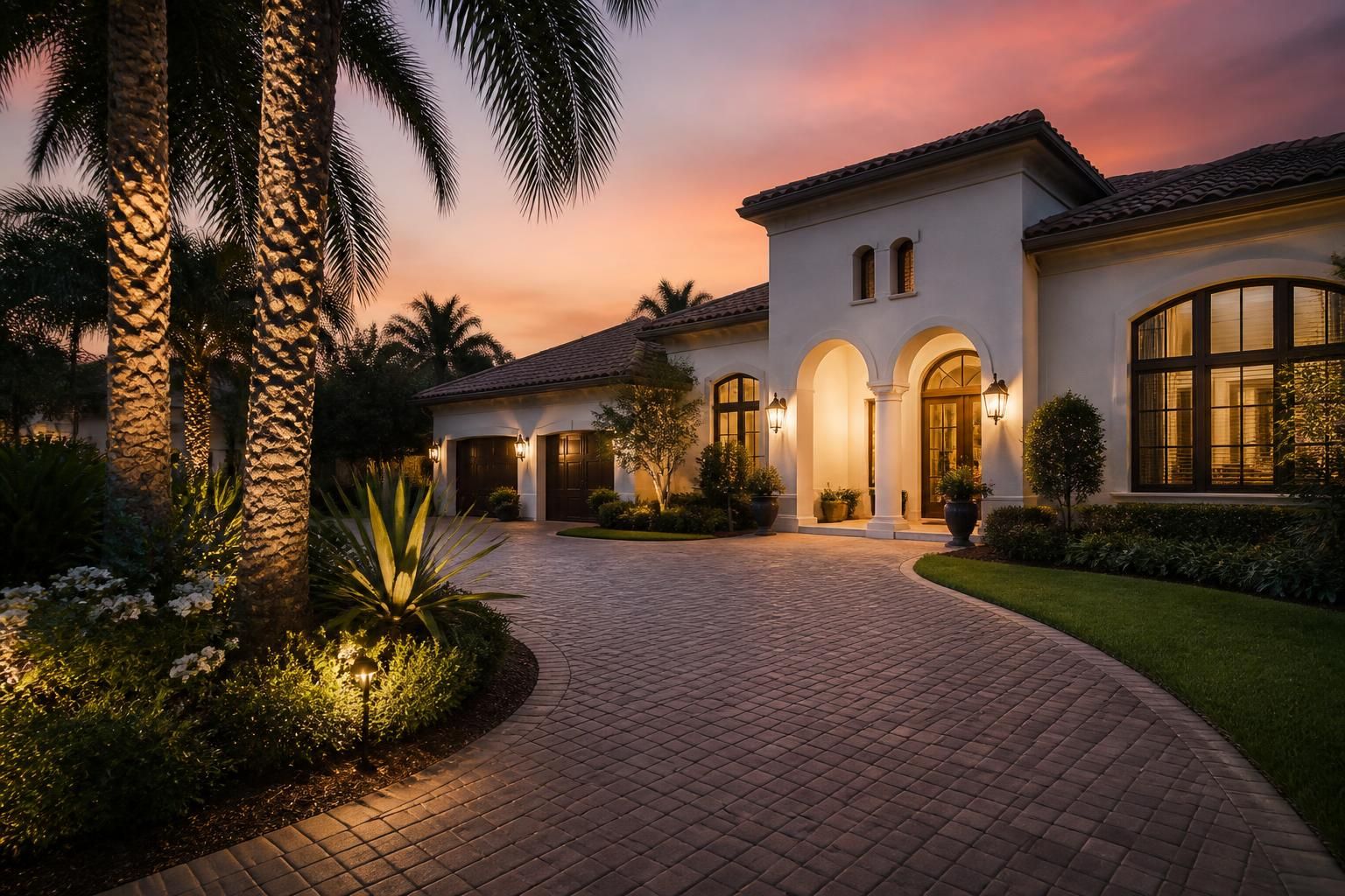 Upscale Boca Raton residence with palm trees and refined sunset lighting