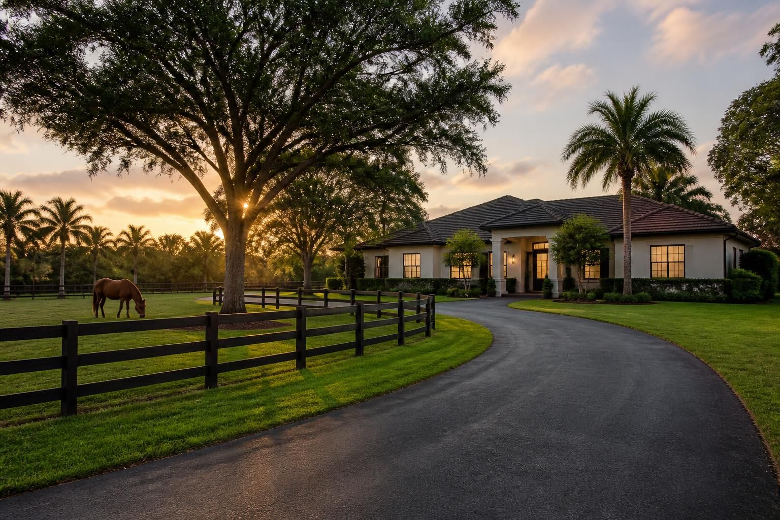 Suburban Davie landscape with mature trees and gentle evening light