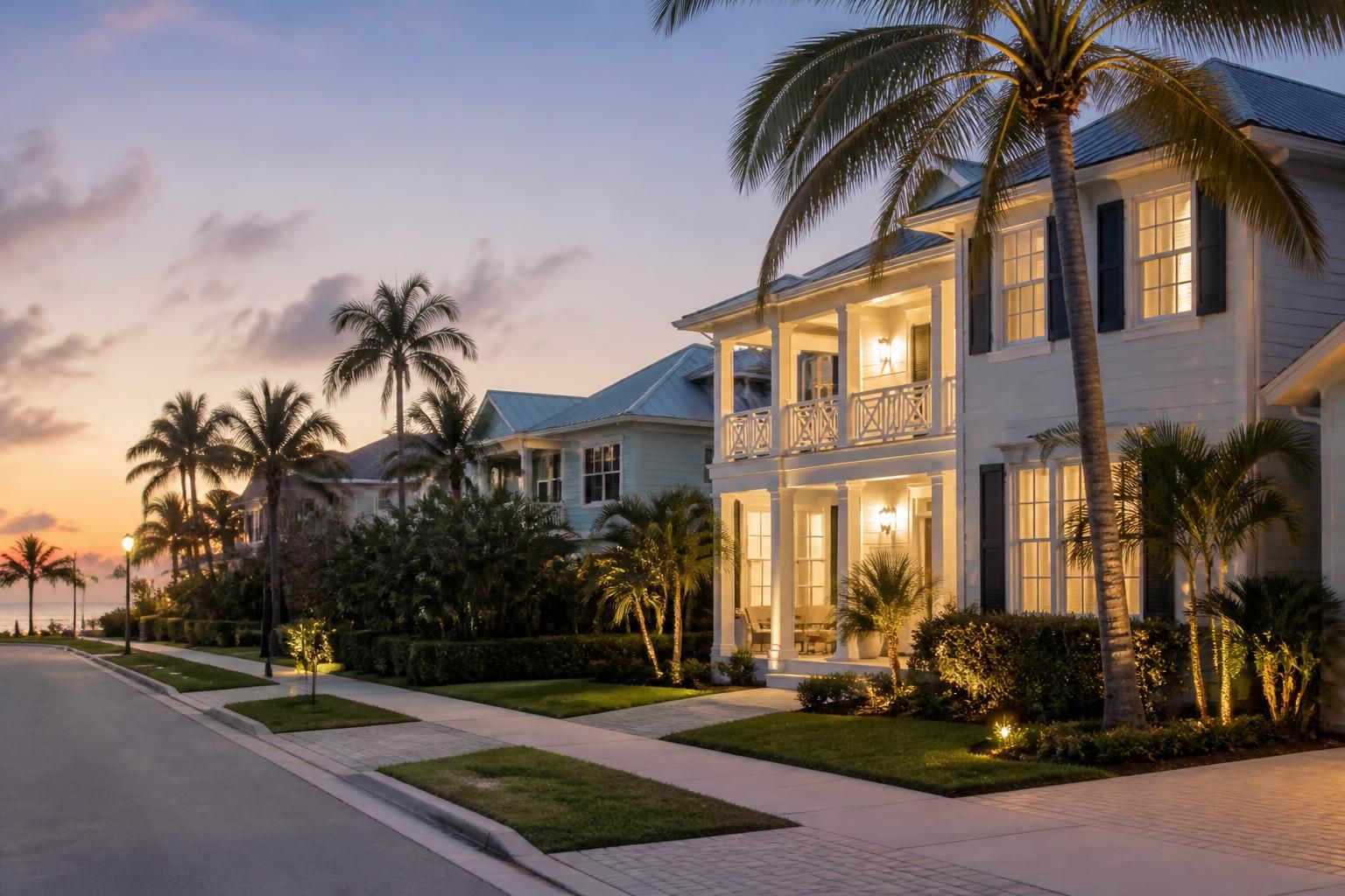 Stylish Delray Beach homes with tropical landscaping and dusk light