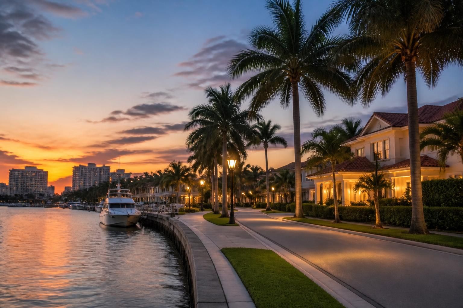 Coastal neighborhood with waterfront homes and palm-lined streets at dusk