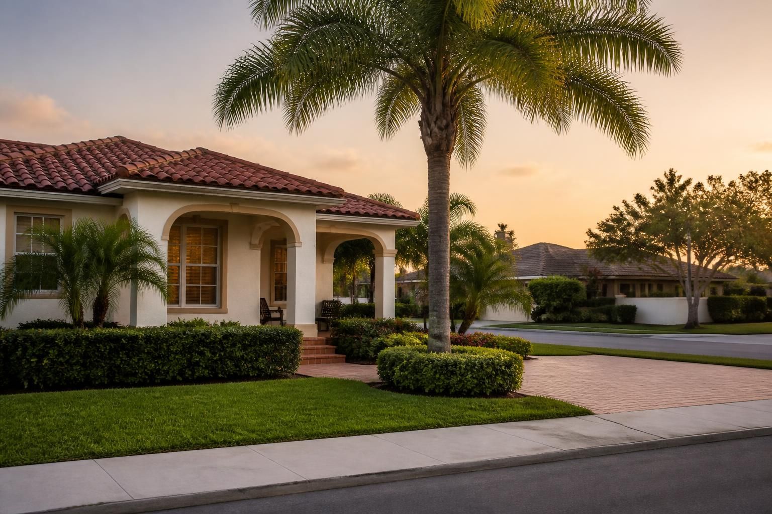 Well-maintained Hialeah neighborhood with greenery and calm evening light