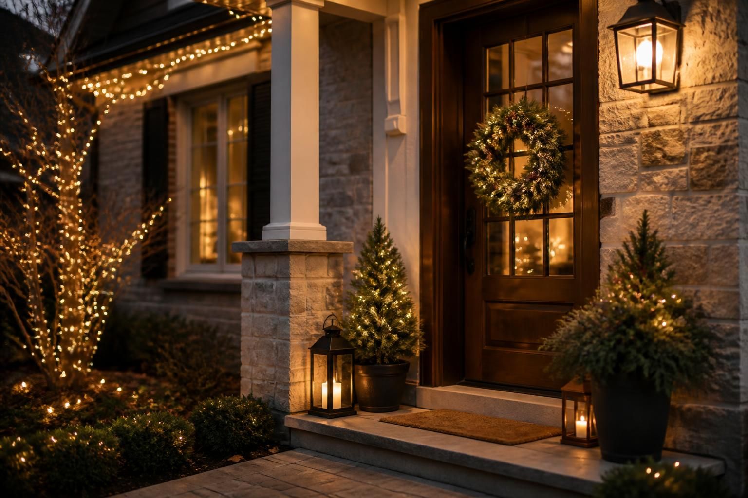Welcoming residence with elegant warm holiday lights and seasonal decor