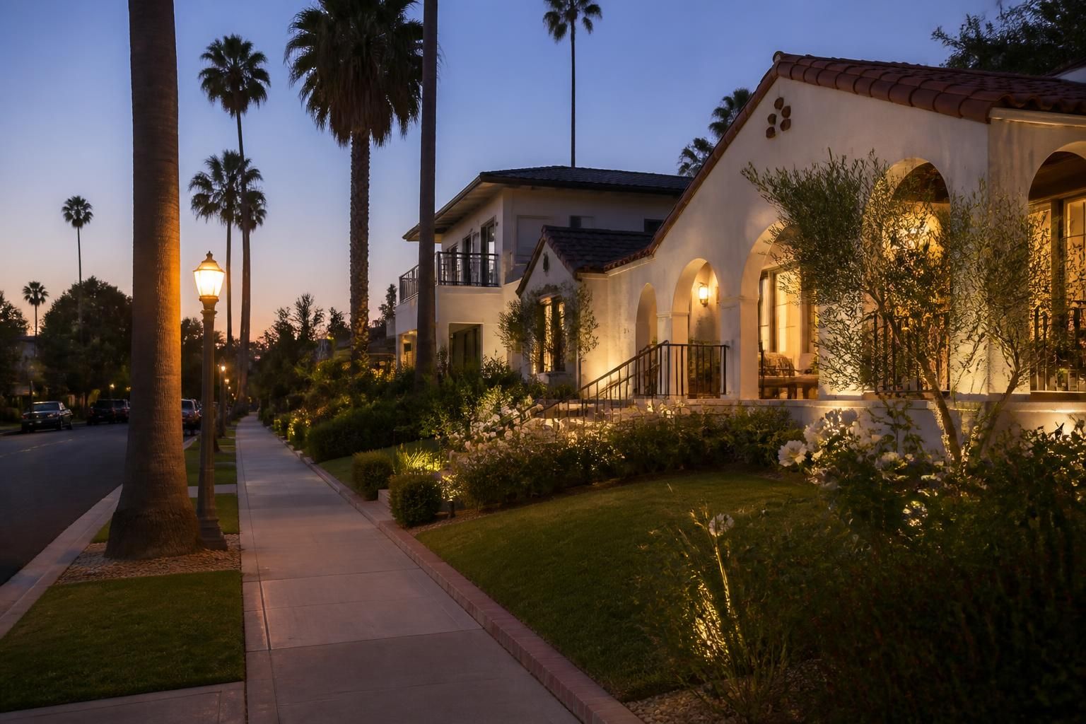 Well-kept Hollywood neighborhood with palm trees and warm twilight lighting