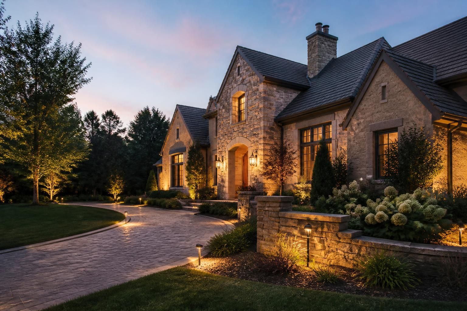 Home exterior with warm landscape lighting along paths and garden features at dusk