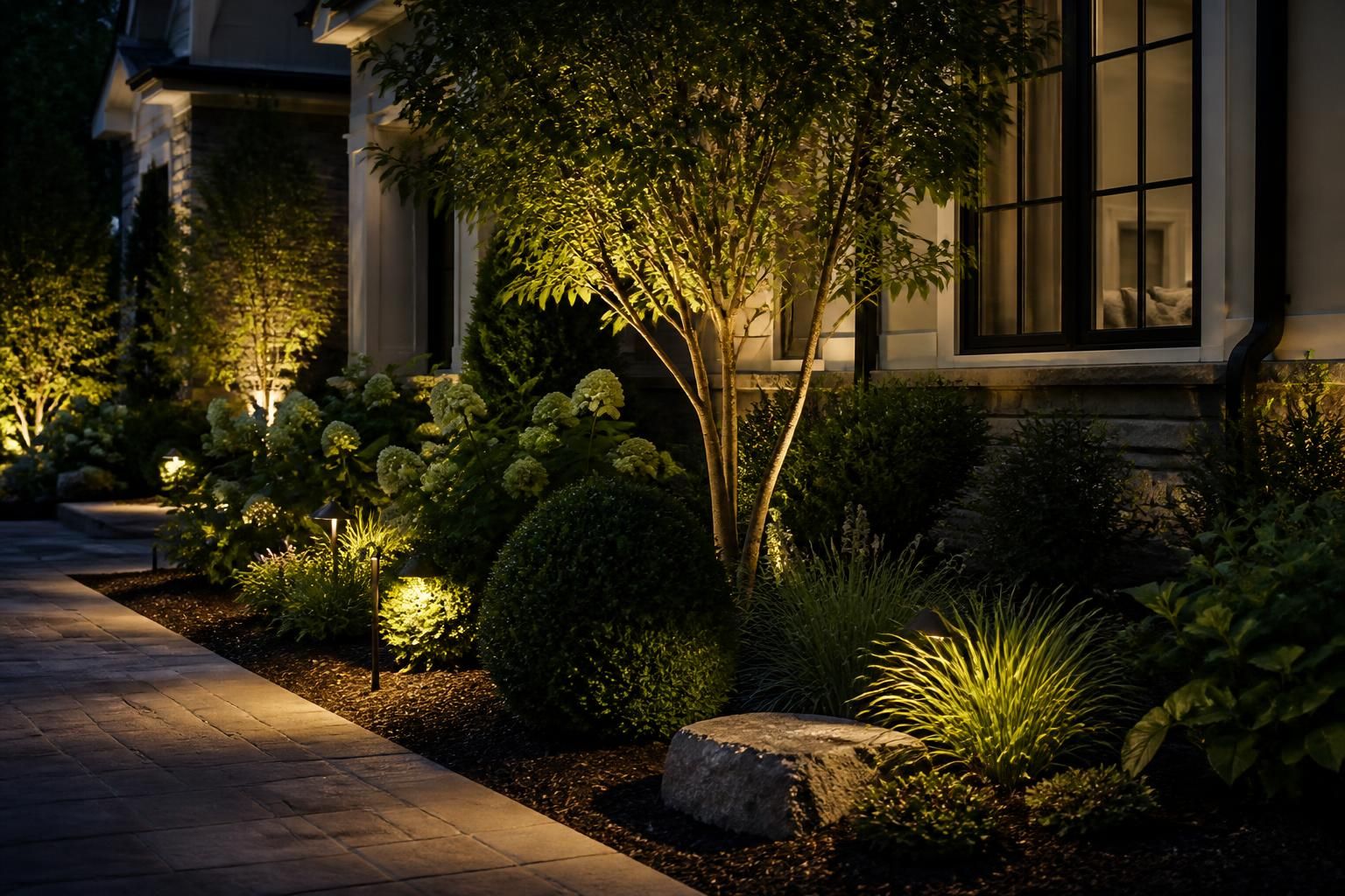Manicured yard with softly illuminated shrubs and architectural accents
