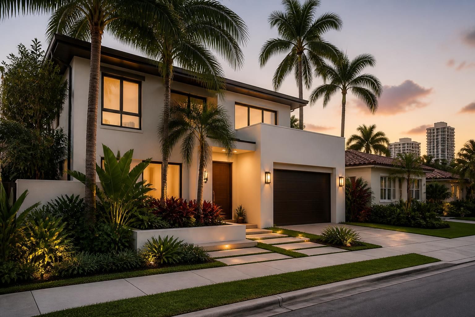 Modern Miami homes with lush tropical landscaping and evening light