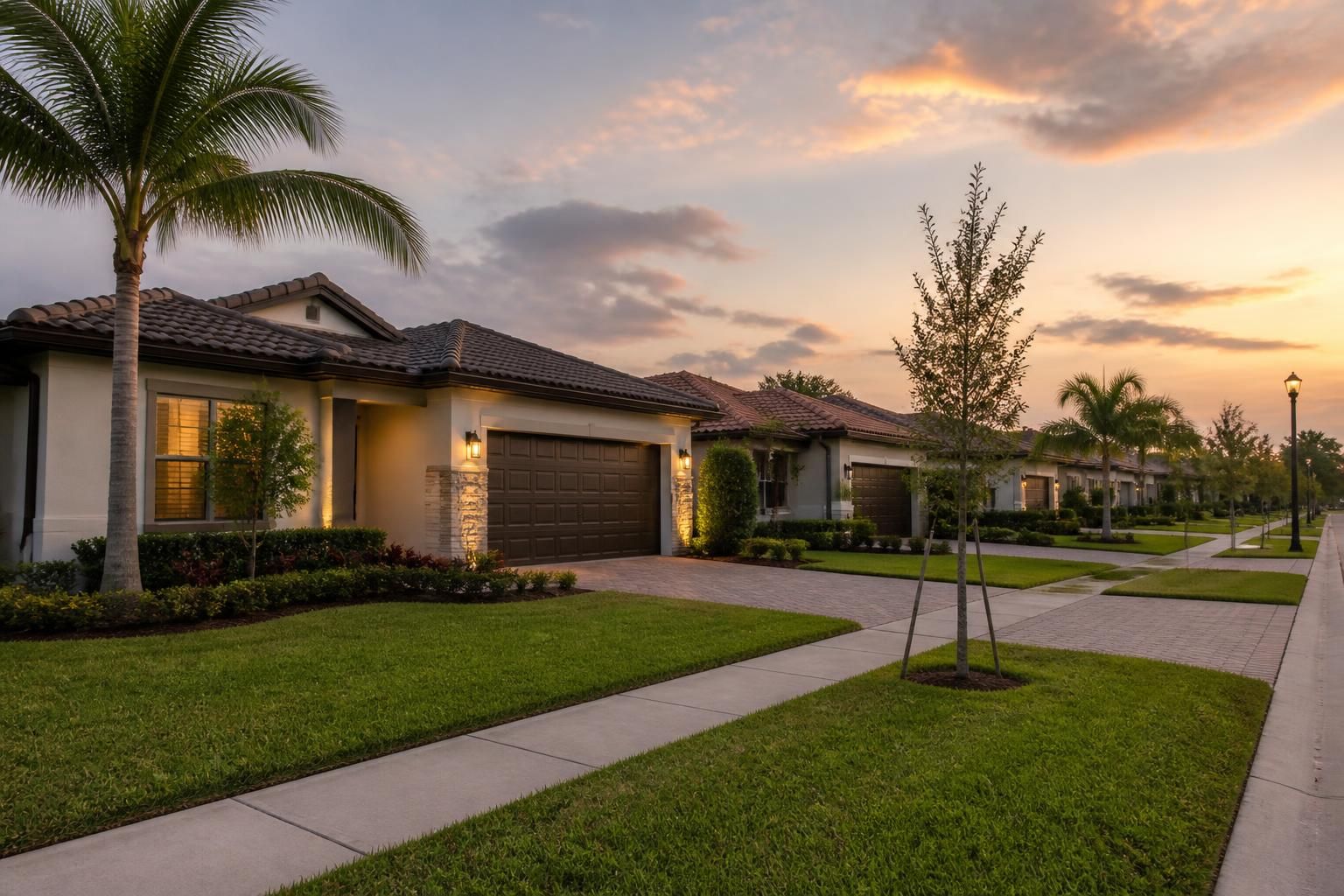 Tidy Miramar neighborhood with manicured lawns and soft dusk lighting