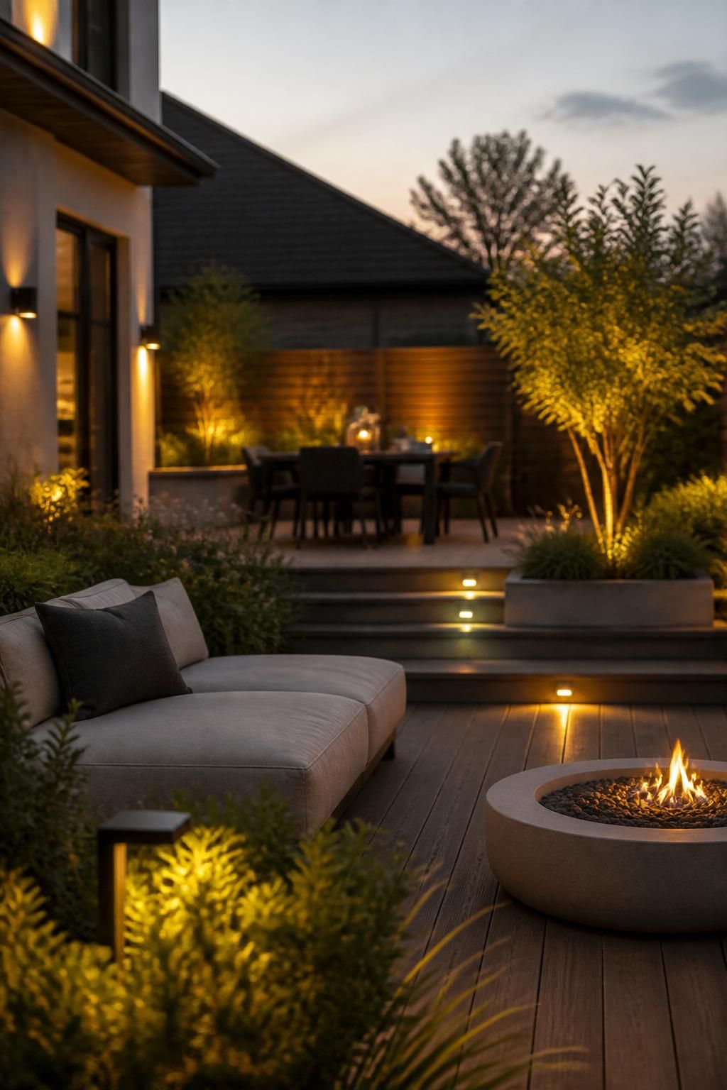 Backyard patio softly illuminated by professionally installed outdoor lighting