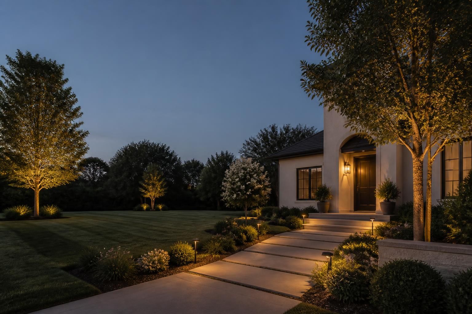 Welcoming front yard with pathway and tree lighting at night