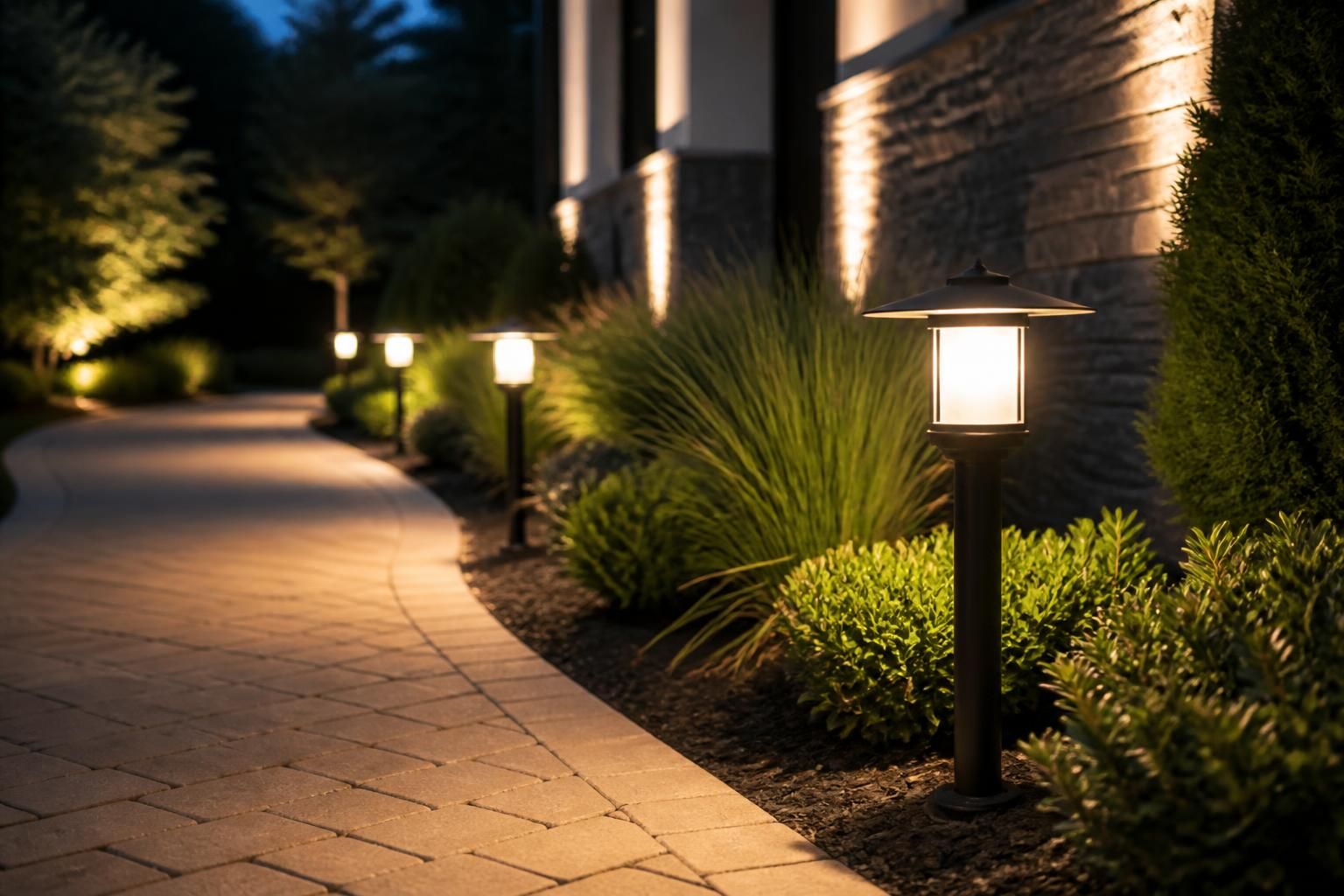 Clean outdoor lighting fixtures glowing evenly along a maintained walkway