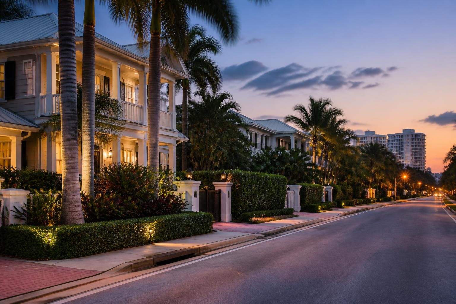 Coastal West Palm Beach neighborhood with tropical greenery at evening